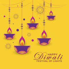 Diwali Festival Background with Round Floral Ornament and Hanging Diwali Lamps