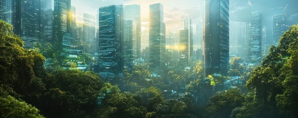 A futuristic city where physical banks have been replaced by floating data centers, representing the digital economy