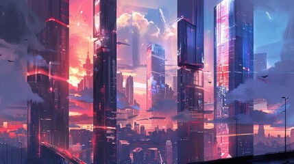 Fototapeta premium Futuristic City Skyline with Glowing Towers.