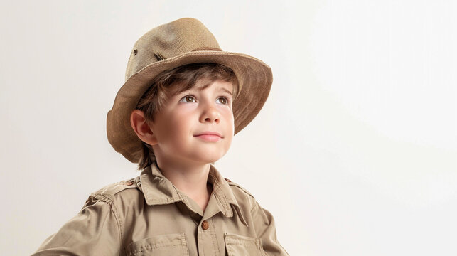Fototapeta Cute boy in safari outfit on white background with handsome face and sweet smile