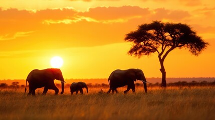 Fototapeta premium Majestic elephants walking in silhouette during a stunning sunset, showcasing the beauty of wildlife in their natural habitat.