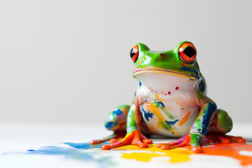 a cute frog covered in colorful paint, white background  