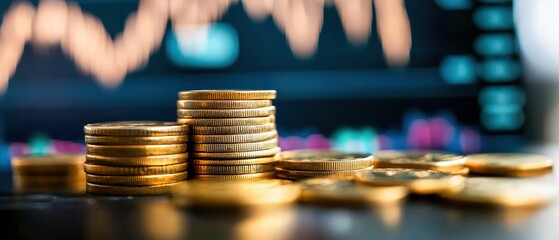 Close-up of stacked coins with a financial chart in the background, representing wealth and investment strategies.