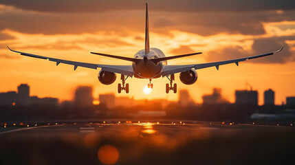 Airplane landing on runway at sunset.