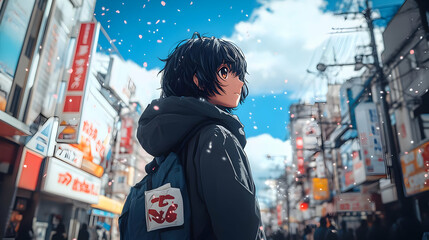 Anime girl with black hair and brown eyes standing in a Japanese city with falling cherry blossoms.