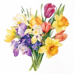 Obraz premium watercolor painting of a vibrant bouquet of mixed tulips and daffodils, on isolated white background
