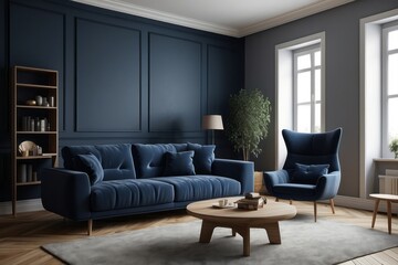 Modern Living Room with Blue Velvet Sofa and Armchair