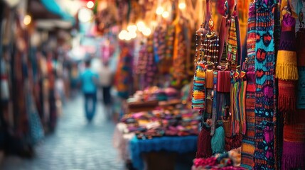 A colorful market with many different items for sale, lively and bustling with people walking around and browsing
