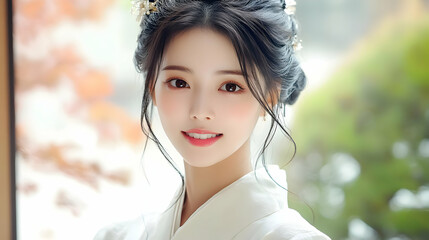 Fototapeta premium Beautiful young woman in a traditional white kimono smiling at the camera.