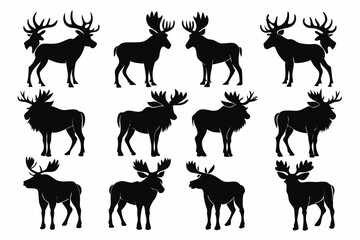 Set of Moose Silhouettes isolated white background