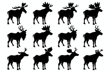 Set of Moose Silhouettes isolated white background