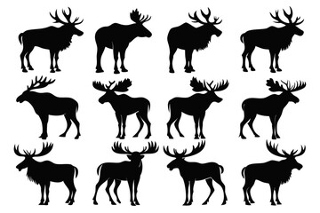 Set of Moose Silhouettes isolated white background