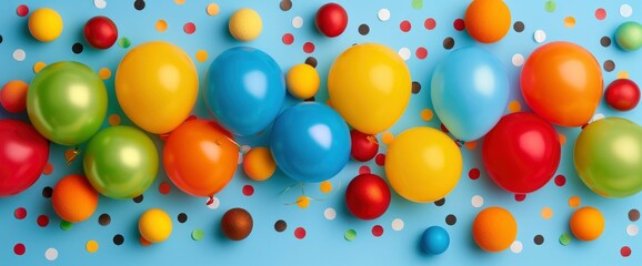 Colorful Balloons and Confetti on Blue Background