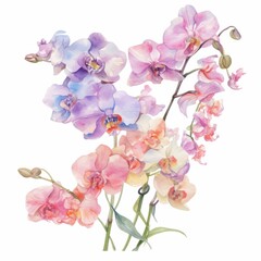 Fototapeta premium watercolor painting of an elegant bouquet of orchids in various colors, on isolated white background