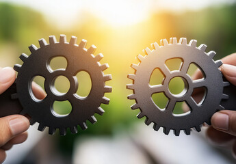  두 개의 톱니바퀴를 서로 맞대고 있는 모습, AI 생성  
