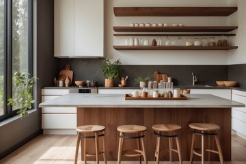 Modern Kitchen Interior with Island, Stools, and Wooden Accents