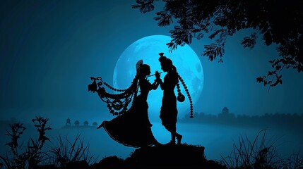 Silhouette of Radha and Krishna under a full moon