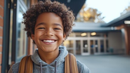Fototapeta premium Happy African American School Boy Smiling with Backpack