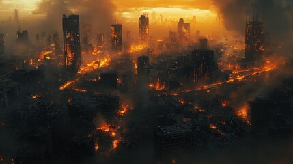 Fototapeta premium Apocalyptic Cityscape Burning Buildings Disaster Aftermath