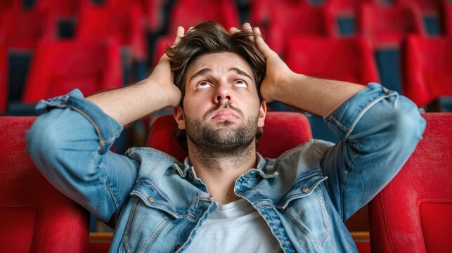 Man in Denim Jacket Looks Up in Frustration in Movie Theater Seat.