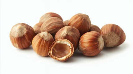 Fototapeta premium A cluster of hazelnuts, showcasing their brown shells and one nut cut in half.