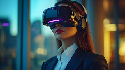 Businesswoman wearing VR headset, looking into the future.