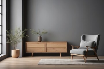 Minimalist Living Room Interior with Armchair, Cabinet, and Greenery