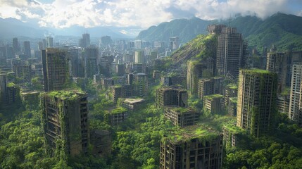Naklejka premium Abandoned City Overgrown By Nature Green Skyscrapers Urban Jungle Post Apocalyptic Cityscape