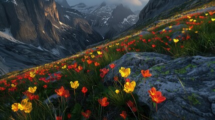 A high mountain pass with glowing neon red and yellow alpine flowers dotting the landscape, offering a stark contrast to the rugged terrain.