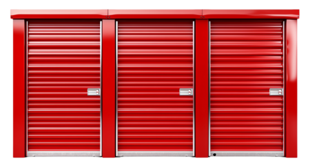 Bright red storage units lined up for easy access and organization. Ideal space for personal or business storage solutions.