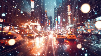 Obraz premium Snowy Night in the City with Blurred Lights and Traffic