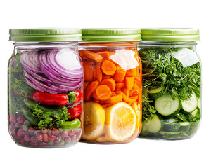 Colorful jars filled with fresh vegetables, ideal for healthy recipes and meal prep. Perfect for food photography and cooking ideas.