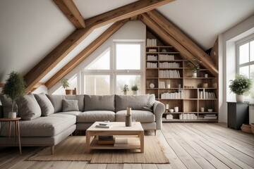 Naklejka premium Modern Living Room with Exposed Wooden Beams and Large Windows