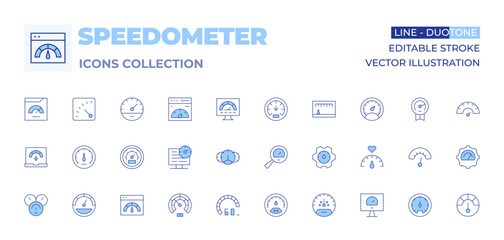 Speedometer icons collection. Line Duotone style, editable stroke. speedometer, website, dashboard, optimization, performance, speedtest, gauge, measuring