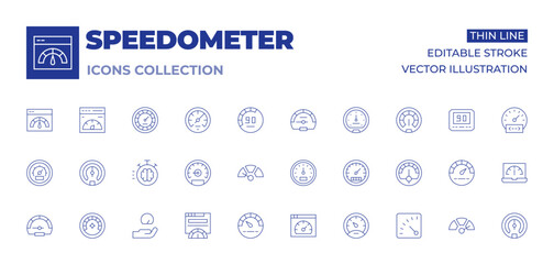 Speedometer icons collection. Thin Line icons, editable stroke. speedometer, gas, slow, fast, boost, odometer, speed, website, difficulty, barometer, speedtest, coding