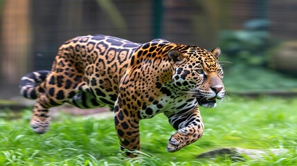 Obraz premium A Jaguar Running Through Lush Green Grass
