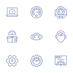 Speedometer icons set. Thin Line style, editable stroke. speedometer, pressure, speed, optimization, performance, management