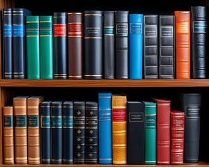 Fototapeta premium A neatly organized shelf filled with colorful hardcover books, showcasing diverse styles and designs for book lovers.