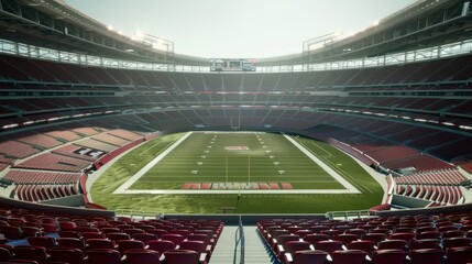 Empty stadium seats facing a green football field.