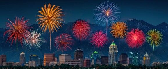 Fototapeta premium Fireworks Display Over City Skyline and Mountains at Night