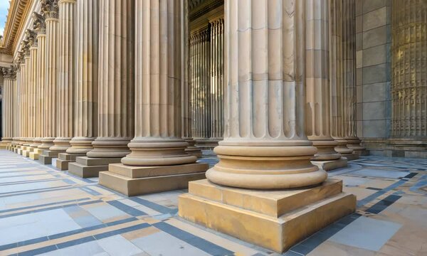 Sunlit classical columns in a row at a grand building entrance