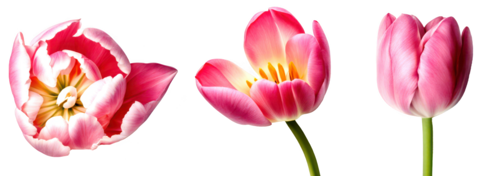 Set of pink tulip flowers showcasing delicate petals and vibrant colors, cutout, png