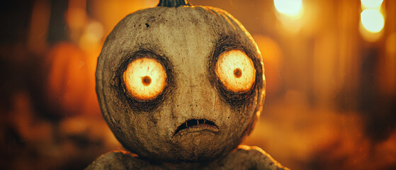 An eerie pumpkin figure with large glowing eyes, perfect for capturing the essence of Halloween and autumnal themes.