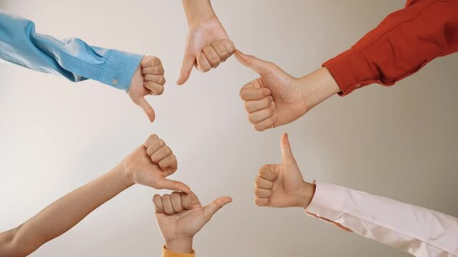 Startup company employee team together use thumb stack hand symbolize successful group of business partnership and strong collective unity teamwork in community workplace in panoramic video. Synergic