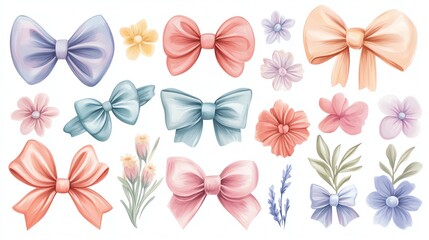 Cute accessories set clipart, pastel hair clips, bows and flowers, isolated on white background