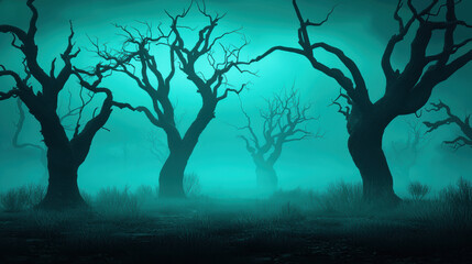 Eerie mist envelops twisted trees, creating a haunting atmosphere in a dark forest. Perfect for spooky themes and mystery.