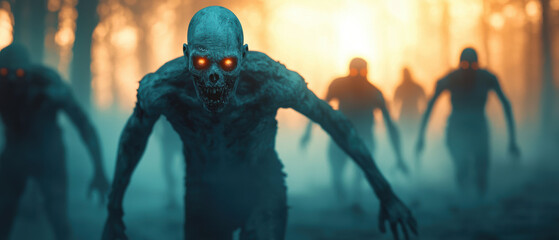 Eerie zombie emerging from misty forest at twilight, showcasing glowing eyes and haunting atmosphere, perfect for horror themes.