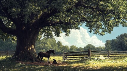 Horse and Dog Underneath a Large Oak Tree in a Rural Setting