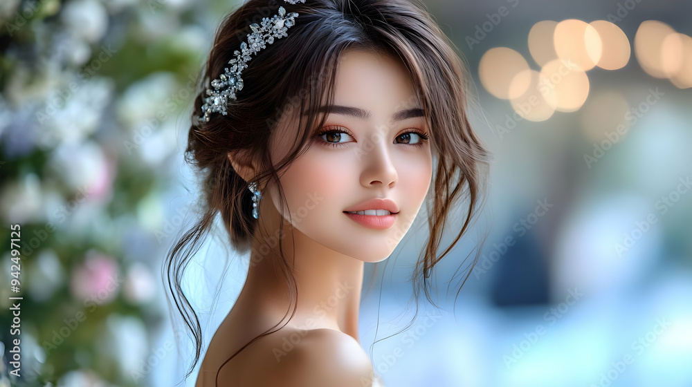 Wall mural closeup of a beautiful woman with long, dark hair, wearing a sparkling tiara and earrings, looking a