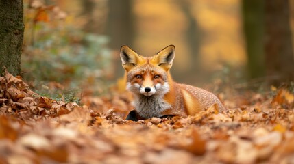 Obraz premium Red Fox In Autumn Forest With Fallen Leaves